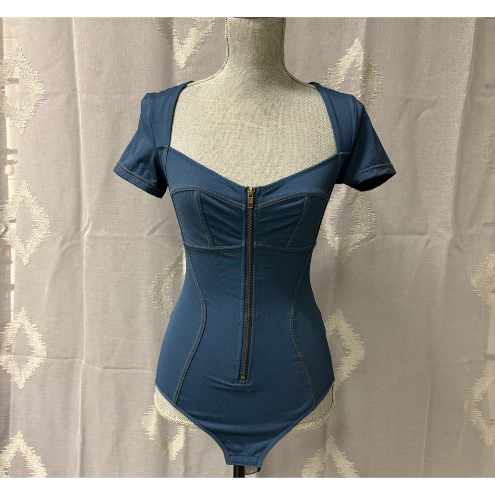 Popilush Sculpting Denim Bodysuit Zip Front Shapewear Blue Slimming Small NWT - Picture 2 of 14